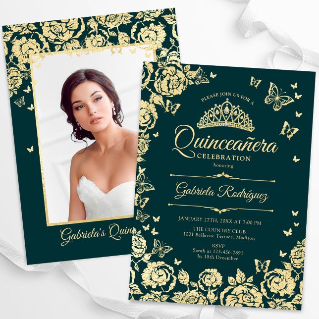 Emerald Green Gold Roses Quinceanera Photo Invitation (Creator Uploaded)