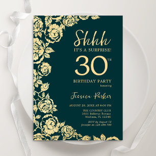 Emerald Green Gold Roses Surprise 30th Birthday Invitation