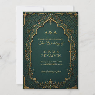 Emerald Green & Gold Royal Arch Wedding  Invitation