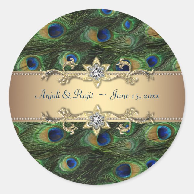 Emerald Green Gold Royal Indian Peacock Wedding Classic Round Sticker (Front)