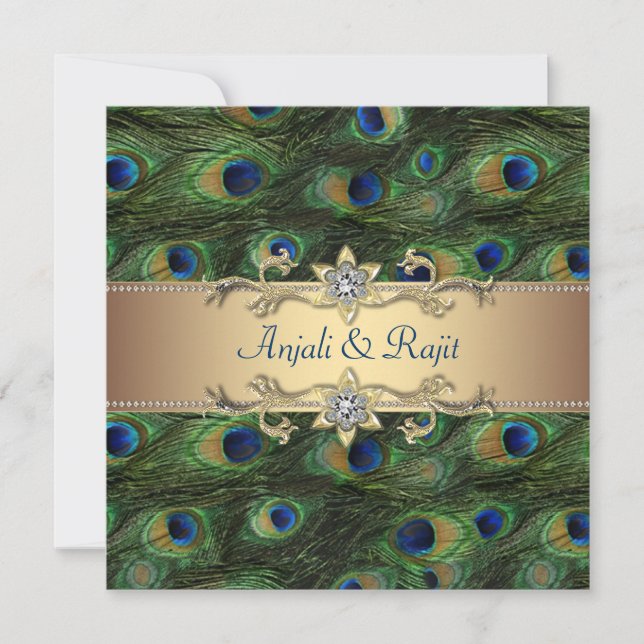 Emerald Green Gold Royal Indian Peacock Wedding Invitation (Front)