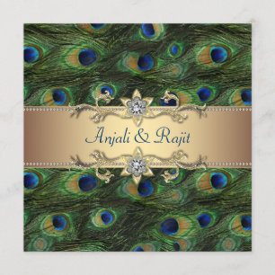 Emerald Green Gold Royal Indian Peacock Wedding Invitation