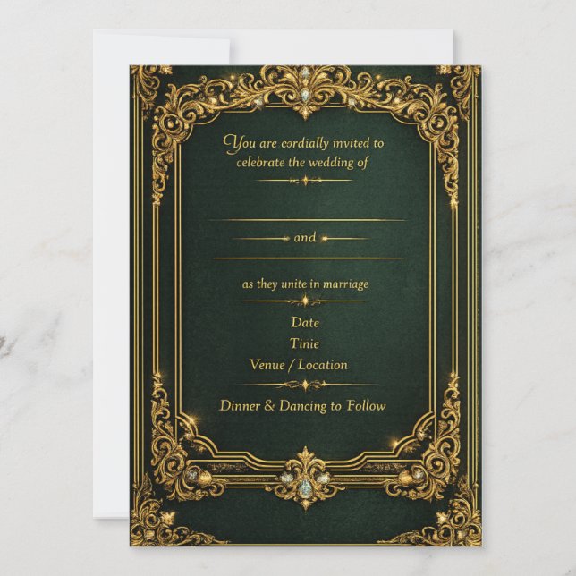 Emerald Green Gold Royal Wedding Invitation (Front)