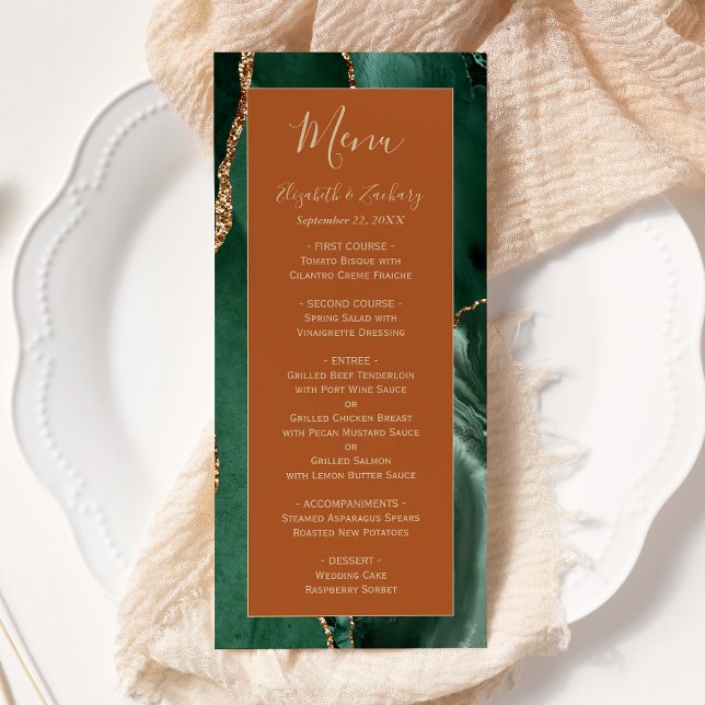 Emerald Green Gold Rust Wedding Menu (Creator Uploaded)