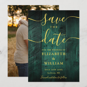 Emerald Green Gold Rustic Barn Wood Photo Wedding Save The Date