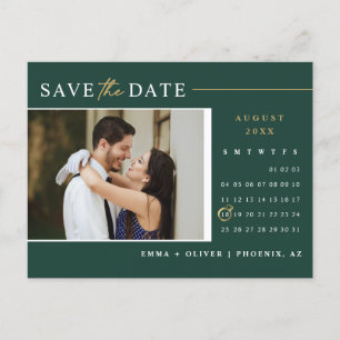 Emerald Green Gold Save the Date Calendar QR Code Postcard