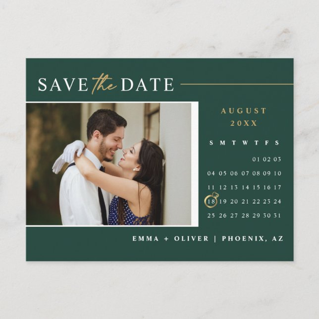 Emerald Green Gold Save the Date Calendar QR Code Postcard (Front)