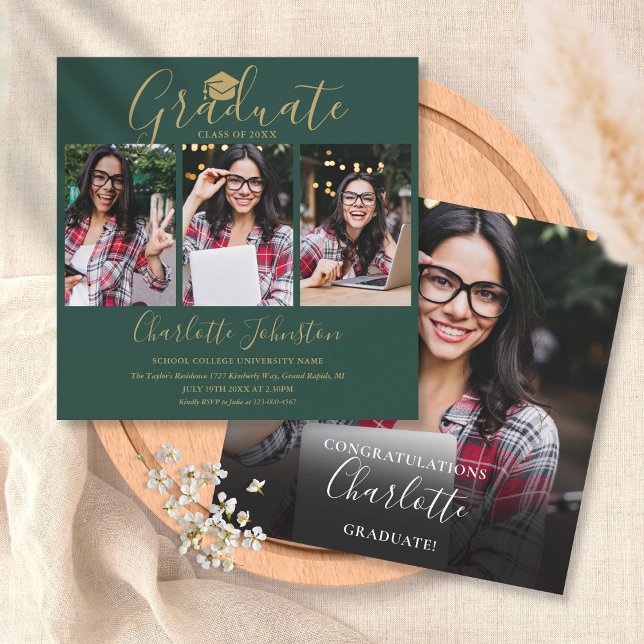 Emerald Green Gold Script 4 Photo Graduation Party Invitation (Creator Uploaded)