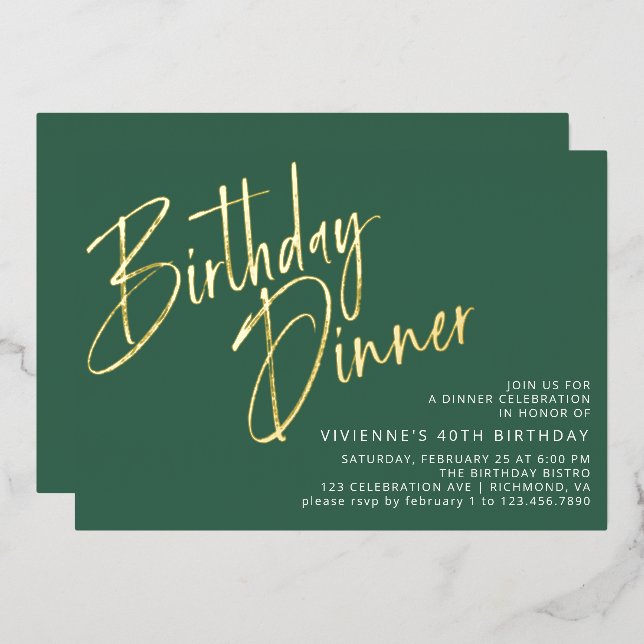 Emerald Green & Gold Simple Modern Birthday Dinner (Front/Back)