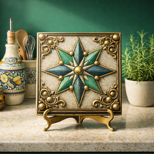  Emerald Green Gold Star Vintage-Look Encaustic Tile