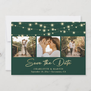 Emerald Green Gold String Lights Photo Wedding Save The Date