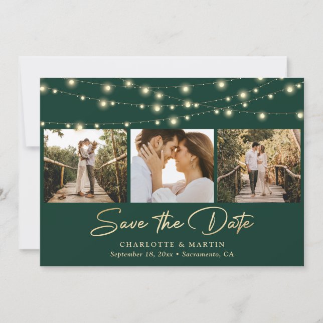 Emerald Green Gold String Lights Photo Wedding Save The Date (Front)