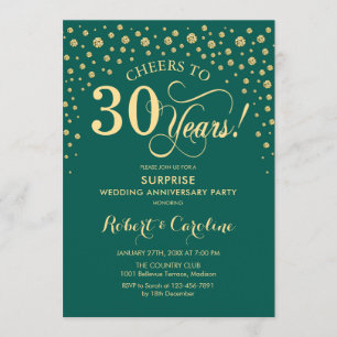 Emerald Green Gold Surprise 30th Anniversary Party Invitation