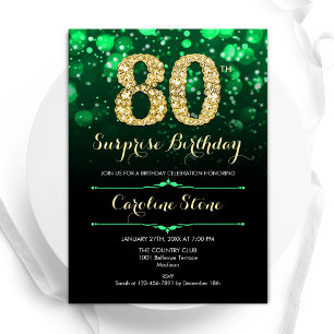 Emerald Green Gold Surprise 80th Birthday Invitation