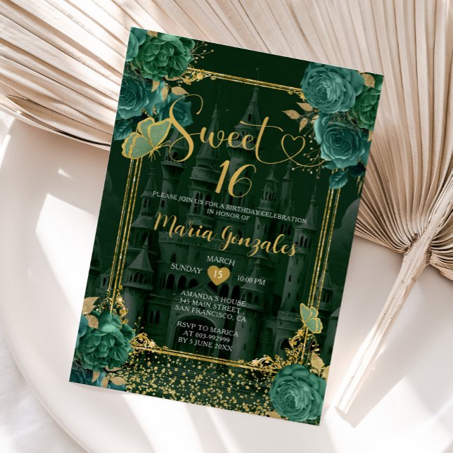 Emerald Green & Gold Sweet 16 Girl Birthday  Invitation (Creator Uploaded)