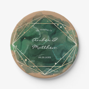 Emerald Green Gold Tan Watercolor Wedding Paper Plate