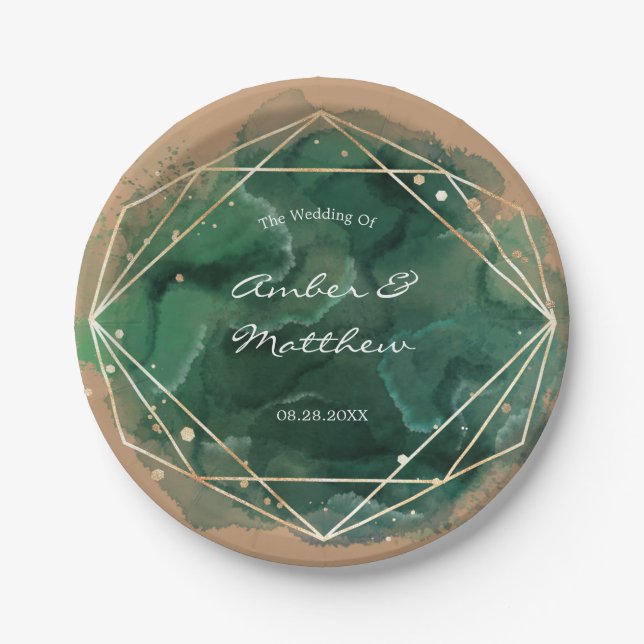 Emerald Green Gold Tan Watercolor Wedding Paper Plate (Front)