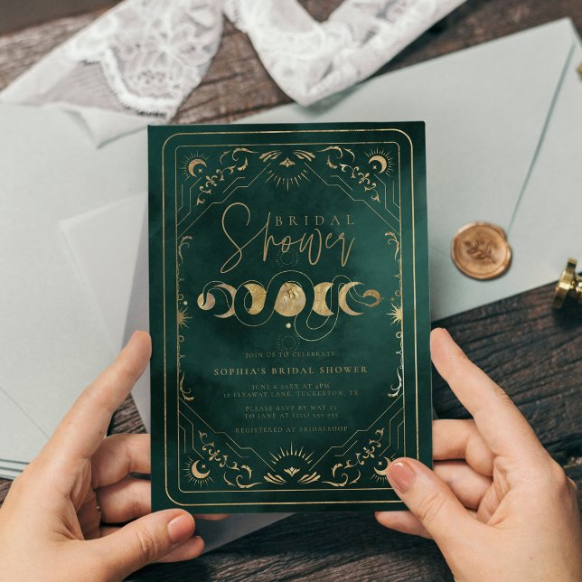 Emerald Green & Gold Tarot Celestial Bridal Shower Invitation (Creator Uploaded)