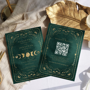 Emerald Green Gold Tarot Celestial QR Code Wedding Invitation