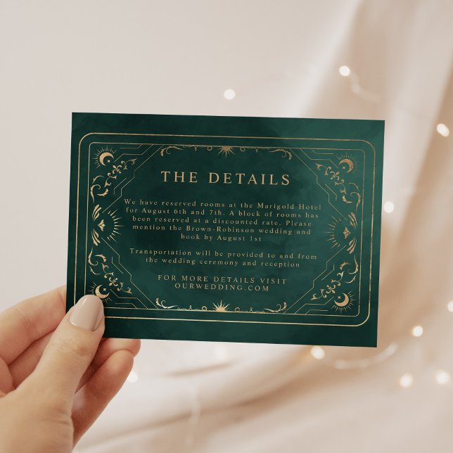 Emerald Green Gold Tarot Celestial Wedding Details Enclosure Card (Creator Uploaded)