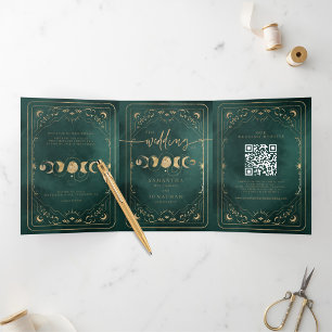Emerald Green & Gold Tarot Celestial Wedding Tri-Fold Invitation