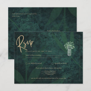 Emerald Green Gold Text Gypsophila Wedding RSVP Postcard