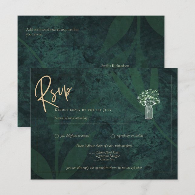 Emerald Green Gold Text Gypsophila Wedding RSVP Postcard (Front/Back)