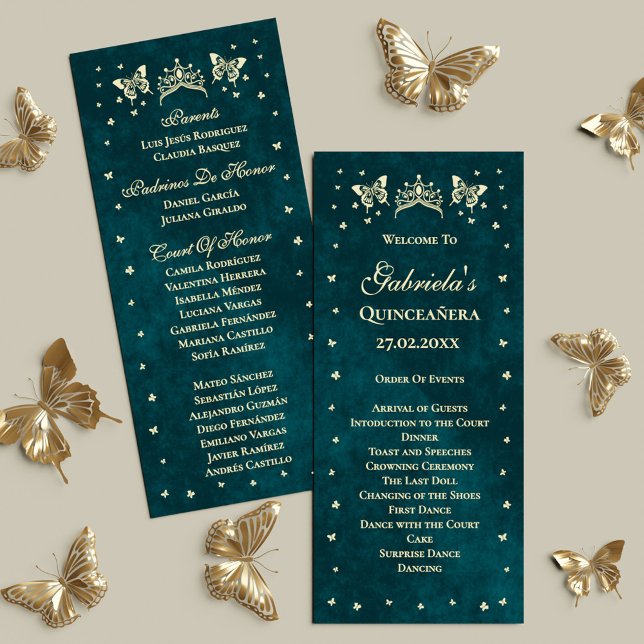 Emerald Green Gold Tiara Butterflies Quinceañera Programme (Emerald Green Gold Tiara Butterflies Quinceañera Program)