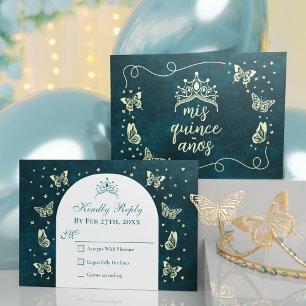 Emerald Green Gold Tiara Butterflies Quinceañera RSVP Card