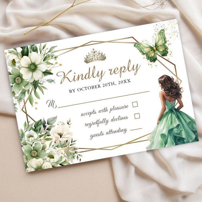 Emerald Green Gold Tiara Floral Sweet 16 Rsvp Card (Creator Uploaded)