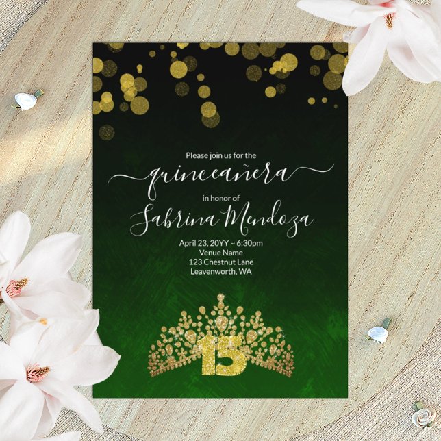 Emerald Green, Gold Tiara Quinceanera Invitation (green and gold tiara Quinceanera invitation, gold glitter number 15, emerald green shimmery lights)