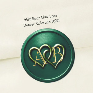Emerald Green Gold Two Hearts Gold Monogram Classic Round Sticker