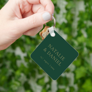 Emerald Green & Gold Typography Glamour Wedding Key Ring