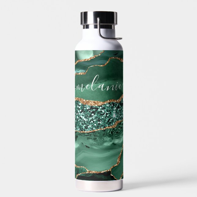 Emerald Green Gold Water Bottle Custom Name (Left)