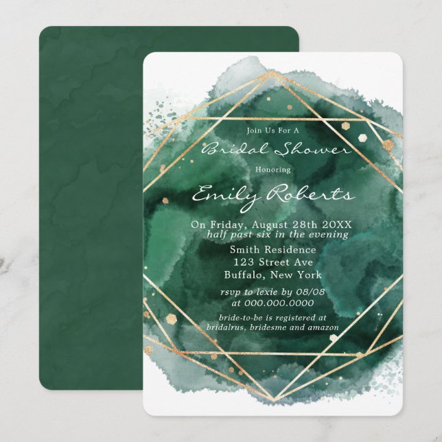 Emerald Green Gold Watercolor Bridal Shower Invitation (Front/Back)