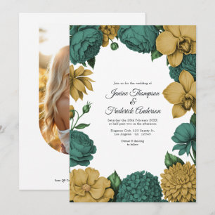 Emerald Green & Gold Watercolor Floral Wedding Invitation