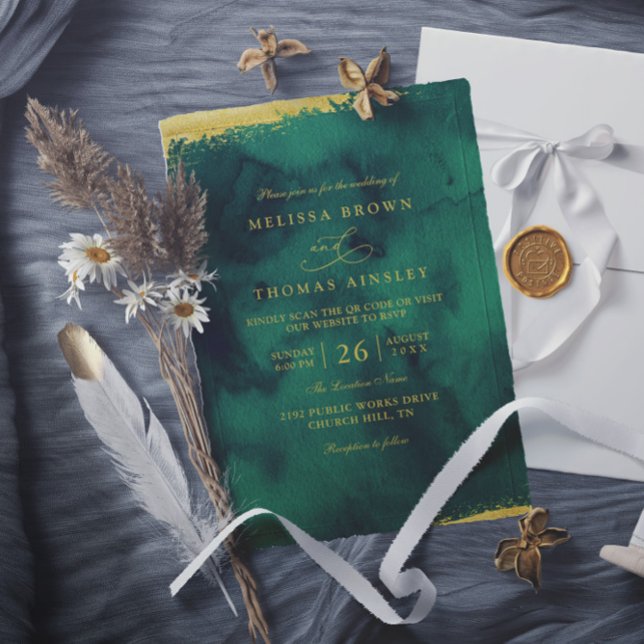 Emerald Green Gold Watercolor QR Code Wedding Invitation (Creator Uploaded)