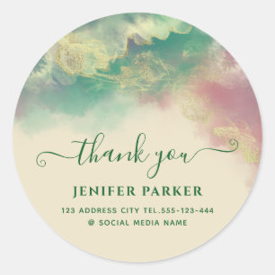 Emerald green gold watercolor script thank you c classic round sticker