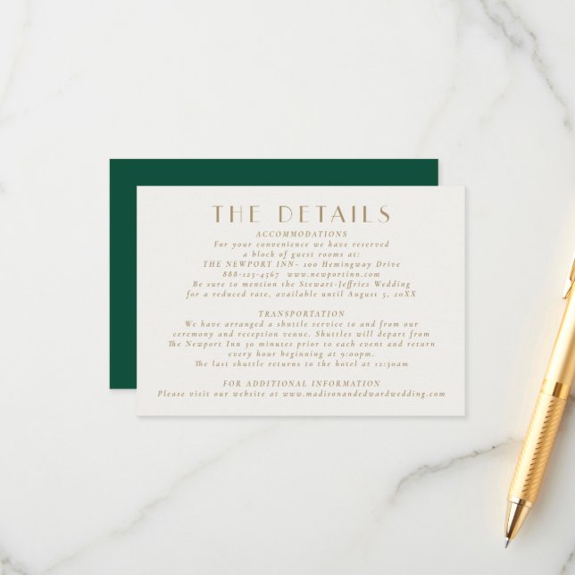 Emerald Green Gold| Wedding Details Enclosure Card (Front/Back In Situ)