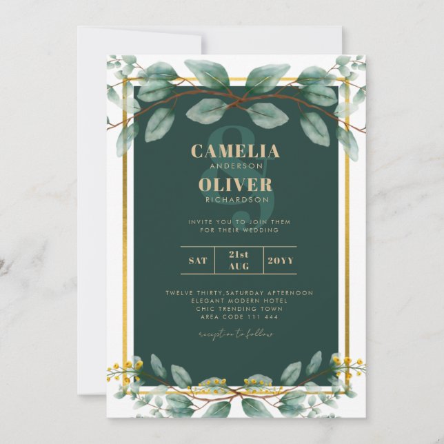 Emerald Green Gold Wedding Invitations Digital (Front)