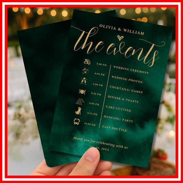 Emerald Green & Gold Wedding Order of Events Invitation (Creator Uploaded)