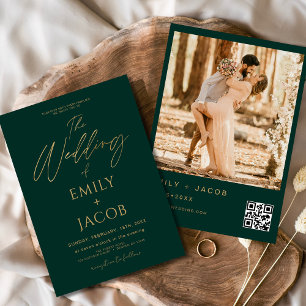Emerald Green Gold Wedding QR Code Photo Invitation