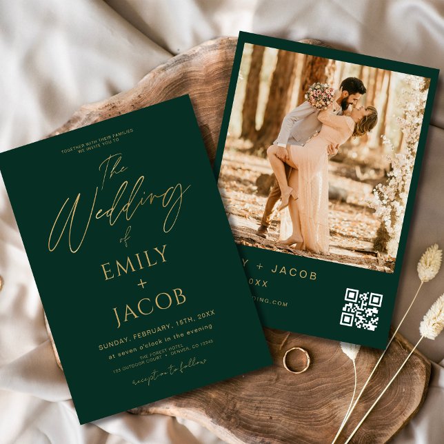 Emerald Green Gold Wedding QR Code Photo Script Invitation (Creator Uploaded)