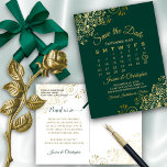 Emerald Green Gold Wedding Save the Date Calendar Announcement Postcard<br><div class="desc">This beautiful save the date postcard will give your friends and family advance notice of your upcoming wedding. It features a clever design with a custom calendar where you can put a heart around your wedding date. The background is a rich emerald green colour, and there are decorative gold faux...</div>