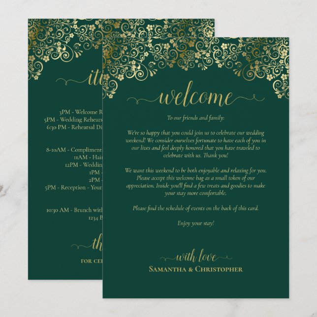 Emerald Green & Gold Wedding Welcome & Itinerary Programme (Front/Back)