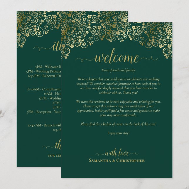 Emerald Green & Gold Wedding Welcome & Itinerary Programme (Front/Back)