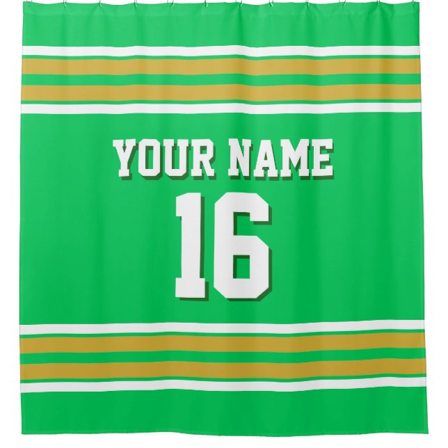 Emerald Green Gold White Stripes Sports Jersey Shower Curtain (Front)