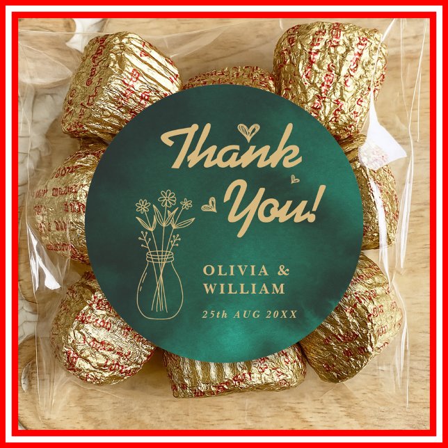 Emerald Green & Gold Wildflower Wedding Thank You Classic Round Sticker (Creator Uploaded)