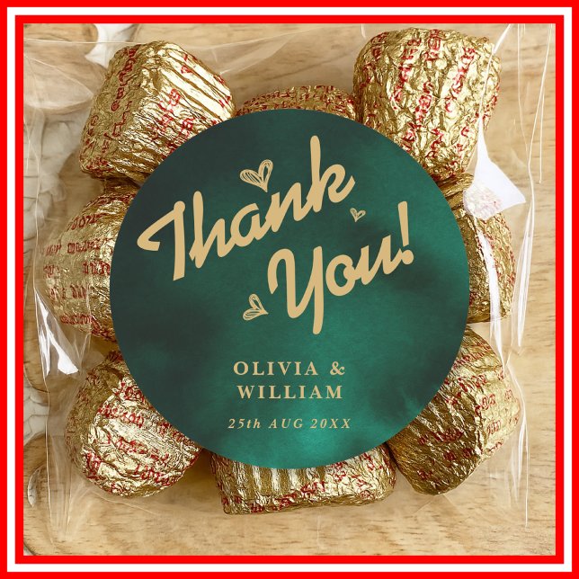 Emerald Green & Gold Wildflower Wedding Thank You Classic Round Sticker (Creator Uploaded)
