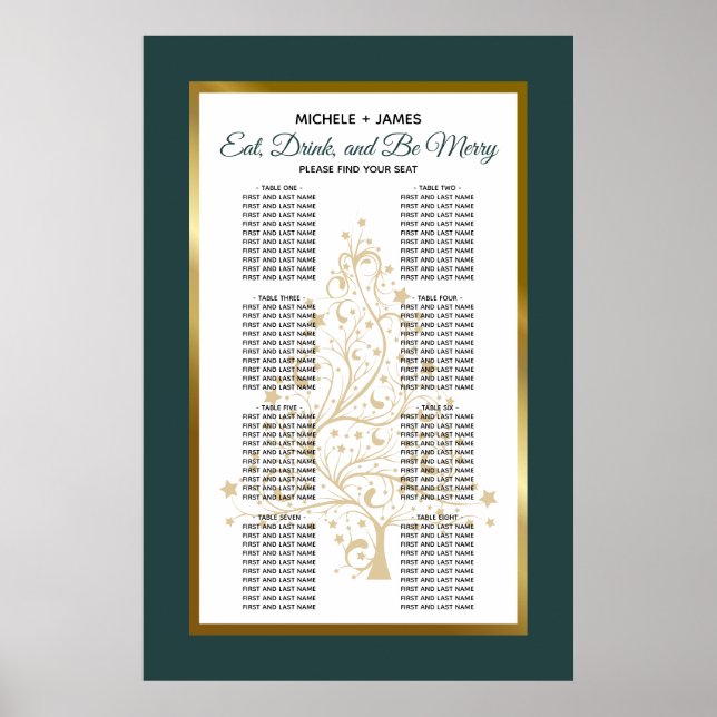 Emerald Green Gold Winter Wedding Seating Chart (Front)